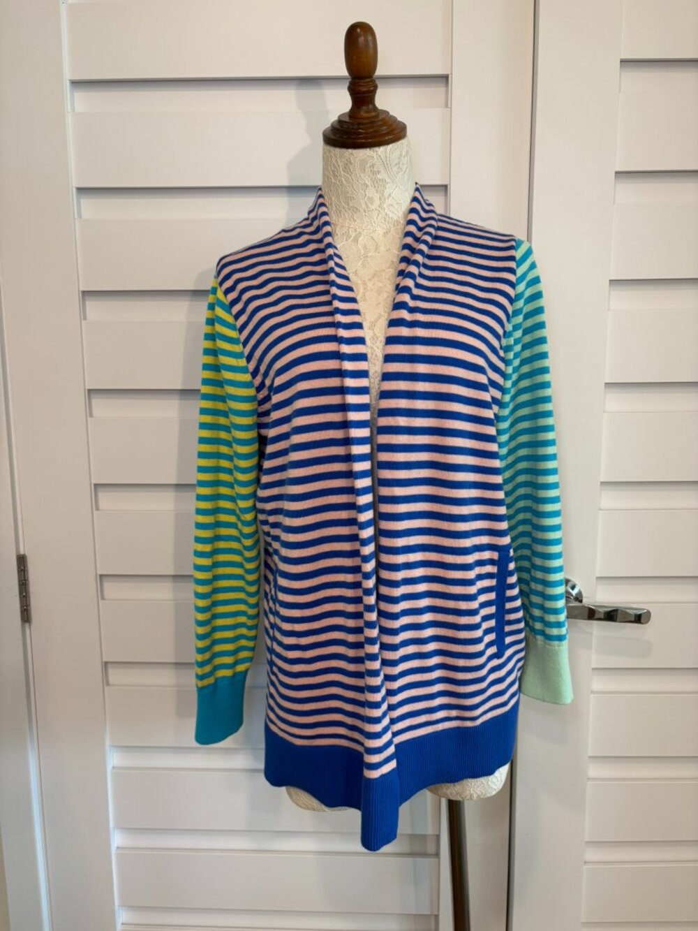 Lands' End Cotton Open Front Striped Colorblock Soft & Comfy Cardigan Sweater - Picture 4 of 12